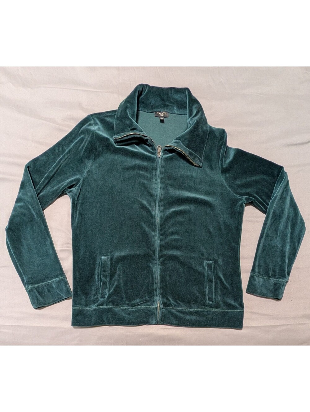 Talbots Petites Green Velour Velvet Full Zip Jacket Mock Neck Sweatshirt MP